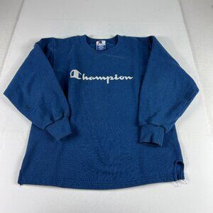 Y2K Champion Sweatshirt Youth Medium 10-12 Blue Faded Cursive Logo Crewneck